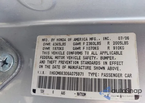 2006 Honda Accord 3.0 Lx z USA, uszkodzony, nr VIN 1HGCM66306A075971